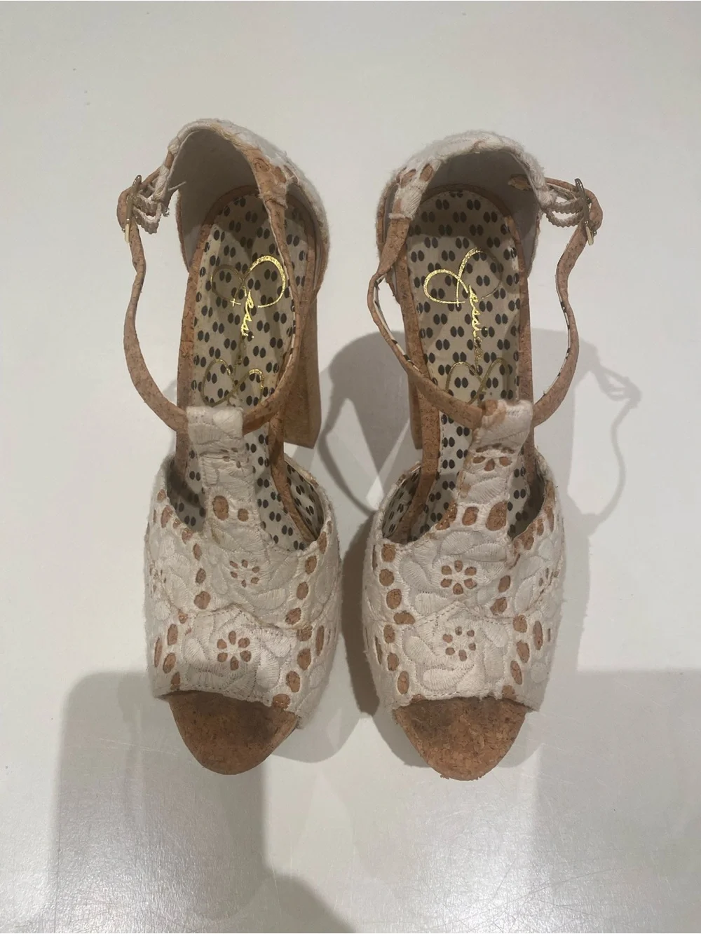 Jessica Simpson White Lace Platform Sandals with Tan Cork Heel